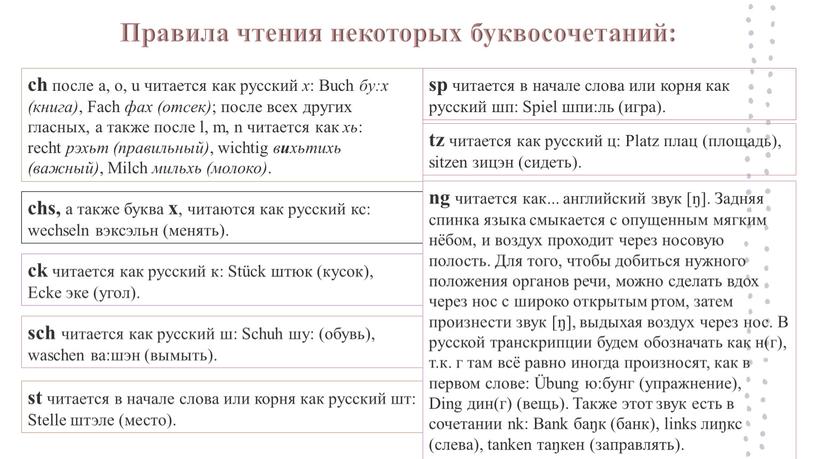 Правила чтения некоторых буквосочетаний: ch после a, o, u читается как русский х :