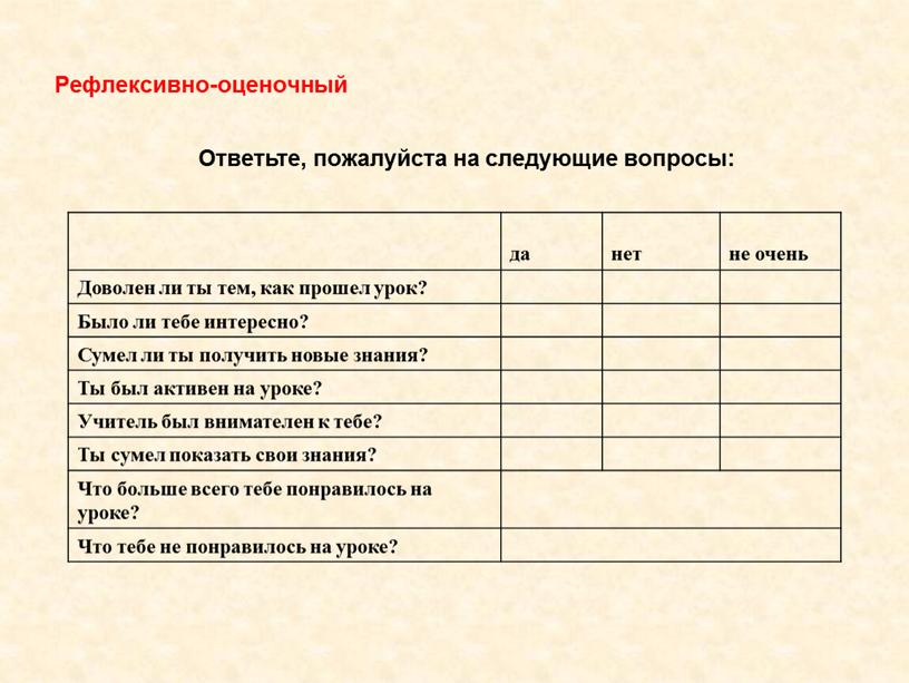 Рефлексивно-оценочный Ответьте, пожалуйста на следующие вопросы: да нет не очень