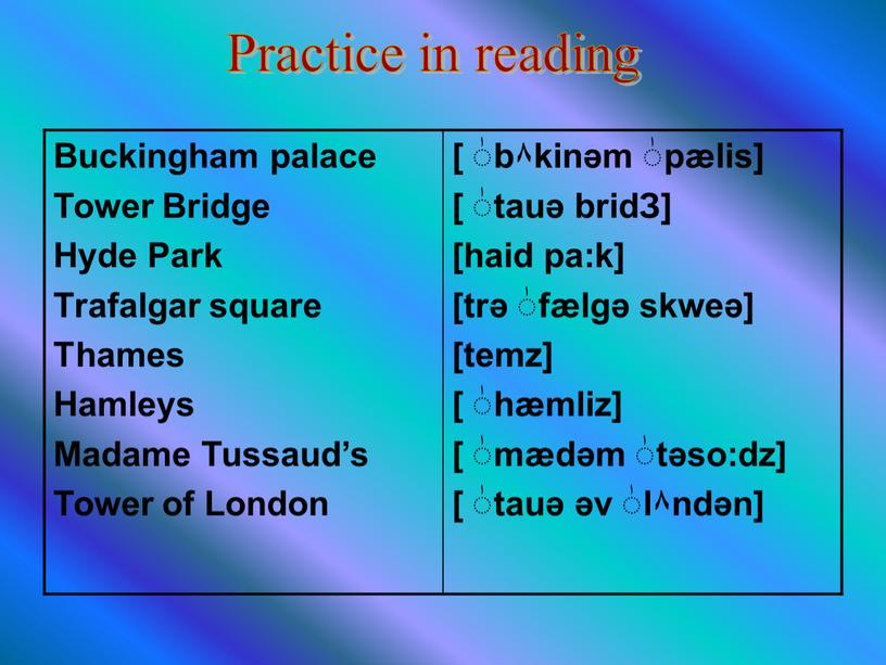 Practice in reading Buckingham palace