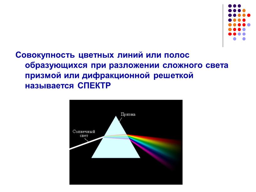 Совокупность цветных линий или полос образующихся при разложении сложного света призмой или дифракционной решеткой называется