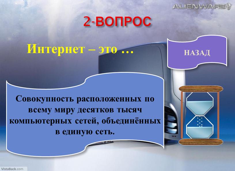 ВОПРОС Интернет – это … Совокупность расположенных по всему миру десятков тысяч компьютерных сетей, объединённых в единую сеть