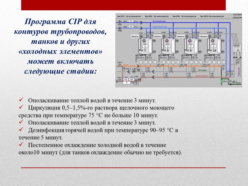 Программа CIP для контуров трубопроводов, танков и других «холодных элементов» может включать следующие стадии: