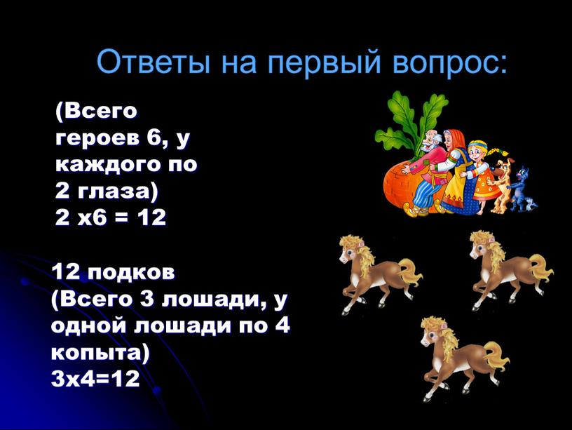 Ответы на первый вопрос: (Всего героев 6, у каждого по 2 глаза) 2 x6 = 12 12 подков (Всего 3 лошади, у одной лошади по…