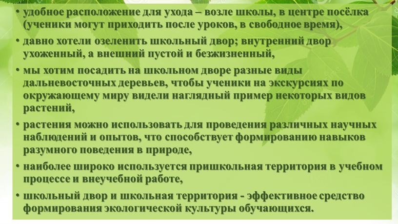 удобное расположение для ухода – возле школы, в центре посёлка (ученики могут приходить после уроков, в свободное время), давно хотели озеленить школьный двор; внутренний двор…