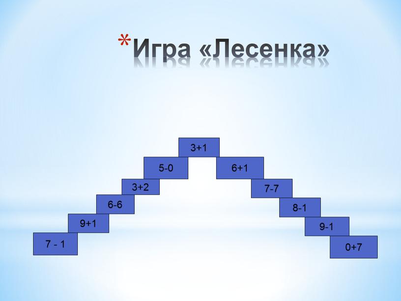 Игра «Лесенка» 7 - 1 9+1 6-6 3+2 5-0 3+1 6+1 7-7 8-1 9-1 0+7