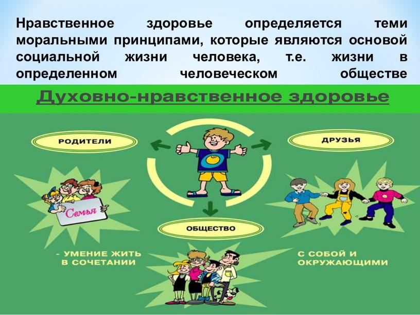 Нравственное здоровье определяется теми моральными принципами, которые являются основой социальной жизни человека, т