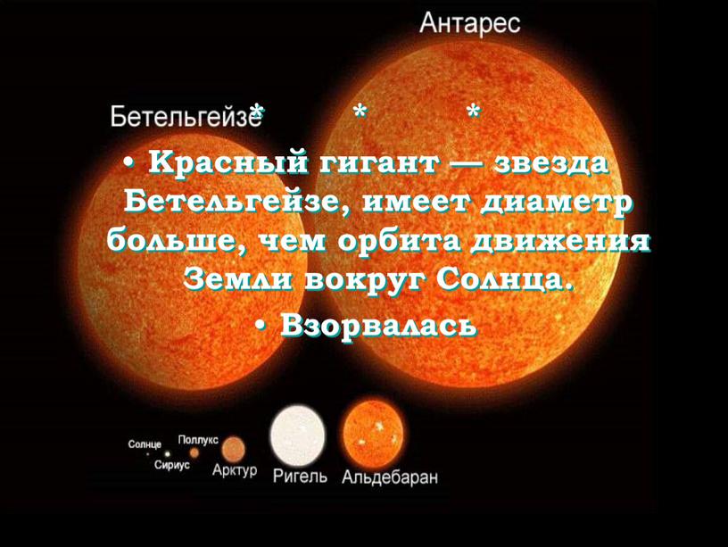 Красный гигант — звезда Бетельгейзе, имеет диаметр больше, чем орбита движения