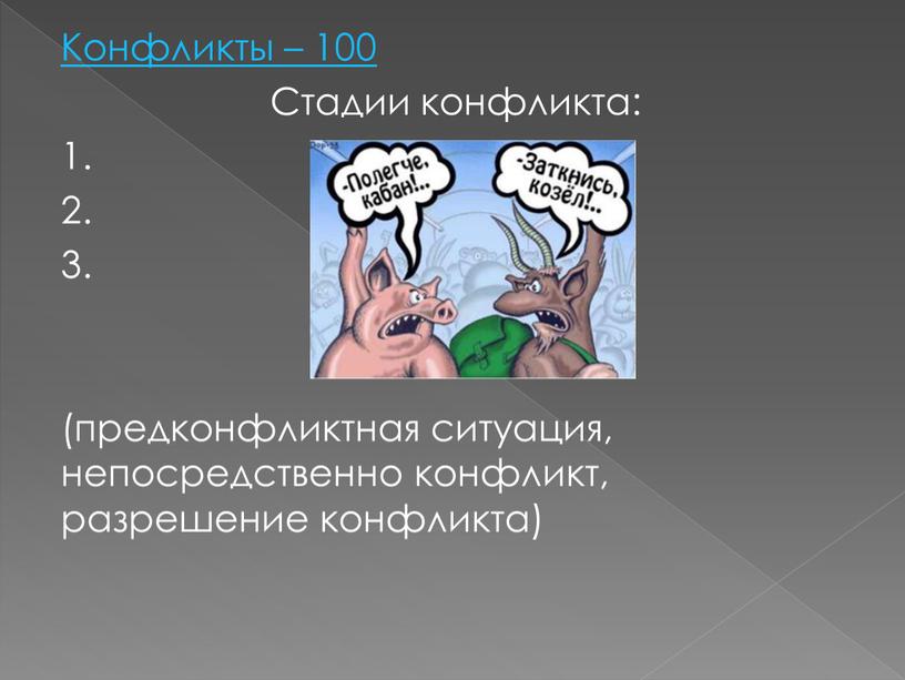 Конфликты – 100 Стадии конфликта: 1