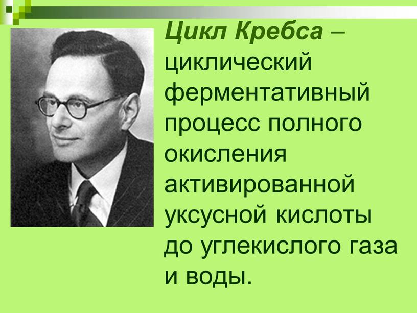 Цикл Кребса – циклический ферментативный процесс полного окисления активированной уксусной кислоты до углекислого газа и воды