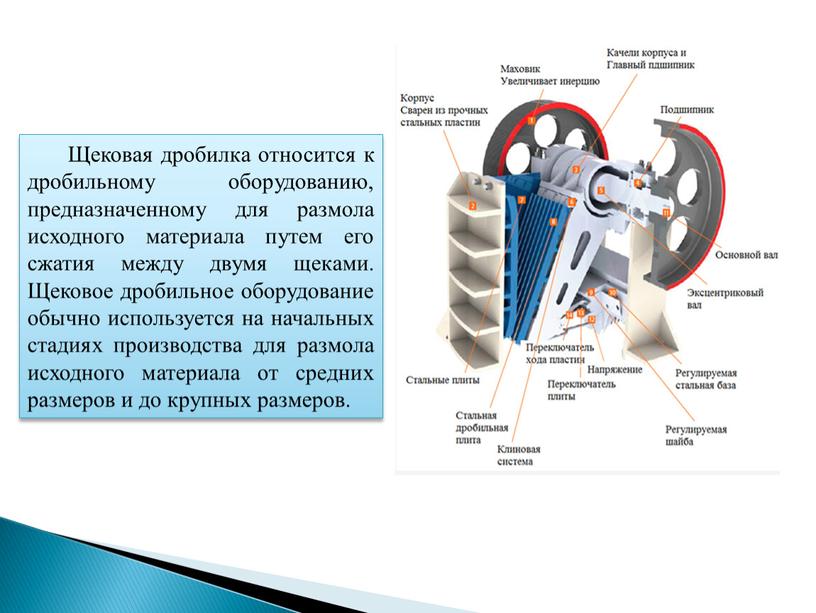 Щековая дробилка относится к дробильному оборудованию, предназначенному для размола исходного материала путем его сжатия между двумя щеками