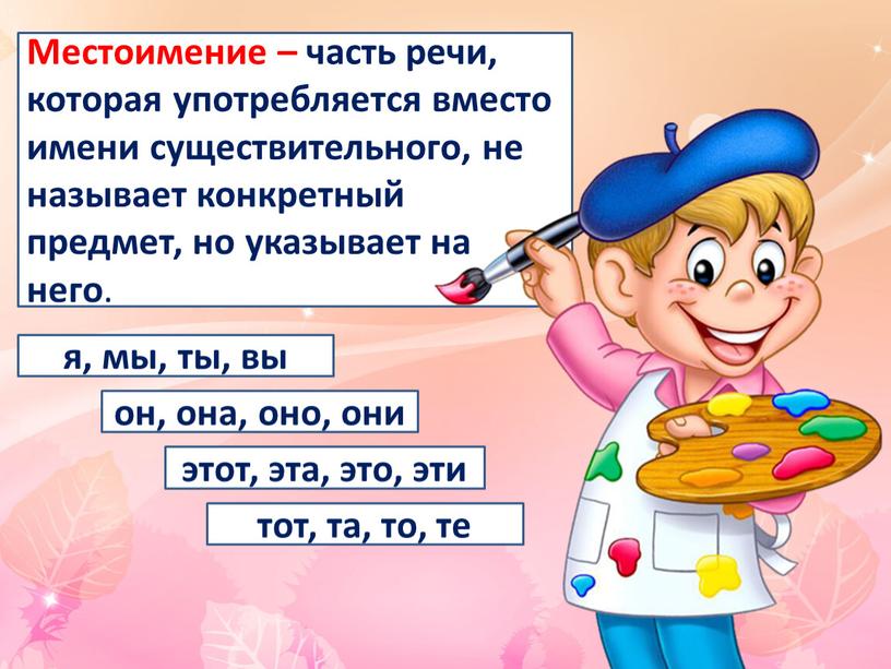 Местоимение – часть речи, которая употребляется вместо имени существительного, не называет конкретный предмет, но указывает на него