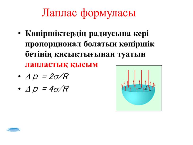 Лаплас формуласы Көпіршіктердің радиусына кері пропорционал болатын көпіршік бетінің қисықтығынан туатын лапластық қысым р = 2/R р = 4/R