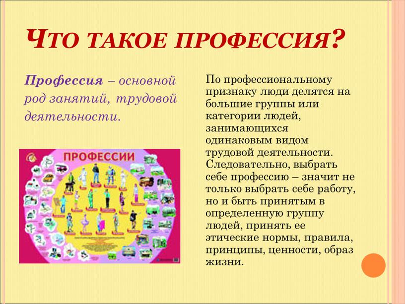 Что такое профессия? Профессия – основной род занятий, трудовой деятельности