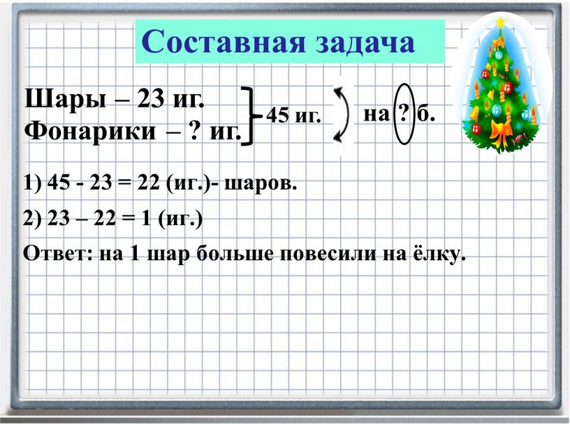 Ответ: на 1 шар больше повесили на ёлку