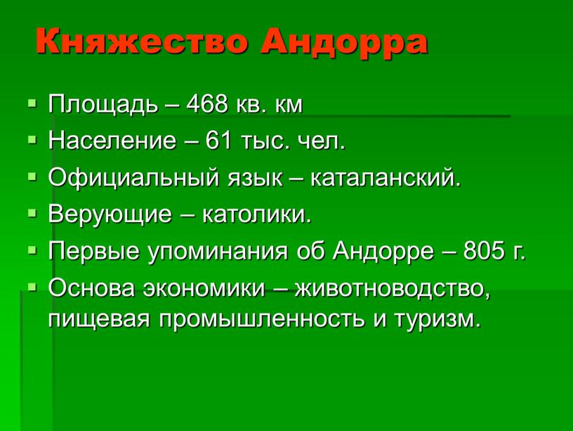 Княжество Андорра Площадь – 468 кв