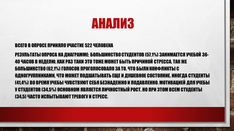 Анализ Всего в опросе приняло участие 522 человека результаты опроса на диаграмме: