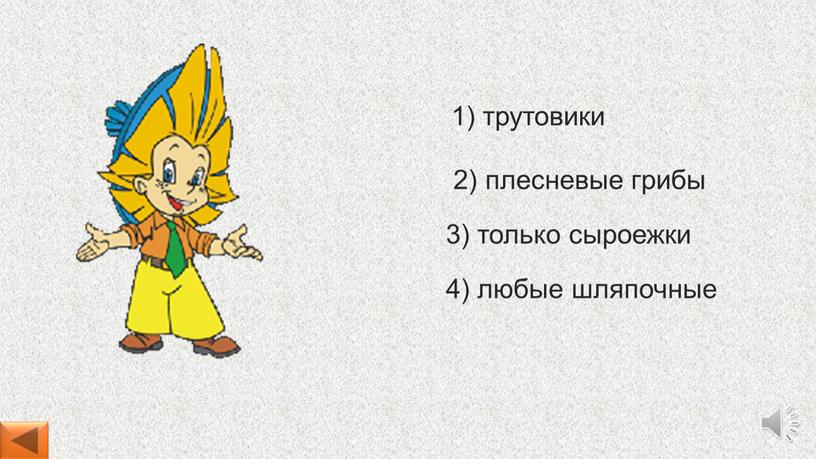 4) любые шляпочные 1) трутовики 2) плесневые грибы 3) только сыроежки