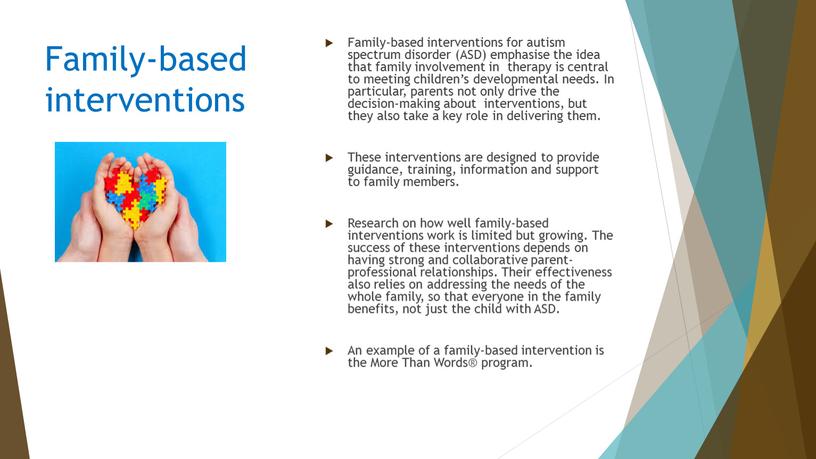 Family-based interventions for autism spectrum disorder (ASD) emphasise the idea that family involvement in therapy is central to meeting children’s developmental needs
