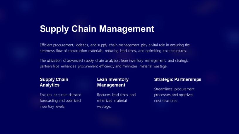 Supply Chain Management Efficient procurement, logistics, and supply chain management play a vital role in ensuring the seamless flow of construction materials, reducing lead times,…