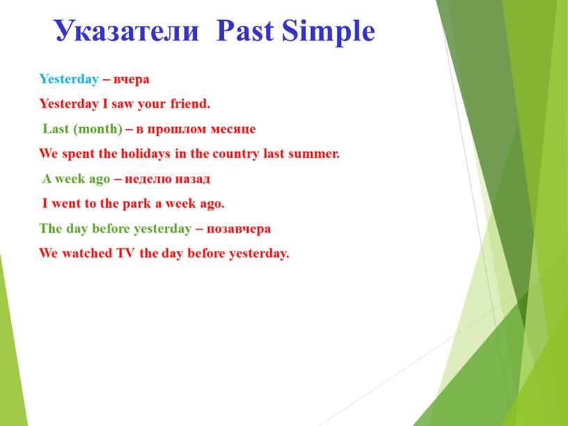 Указатели Past Simple Yesterday – вчера