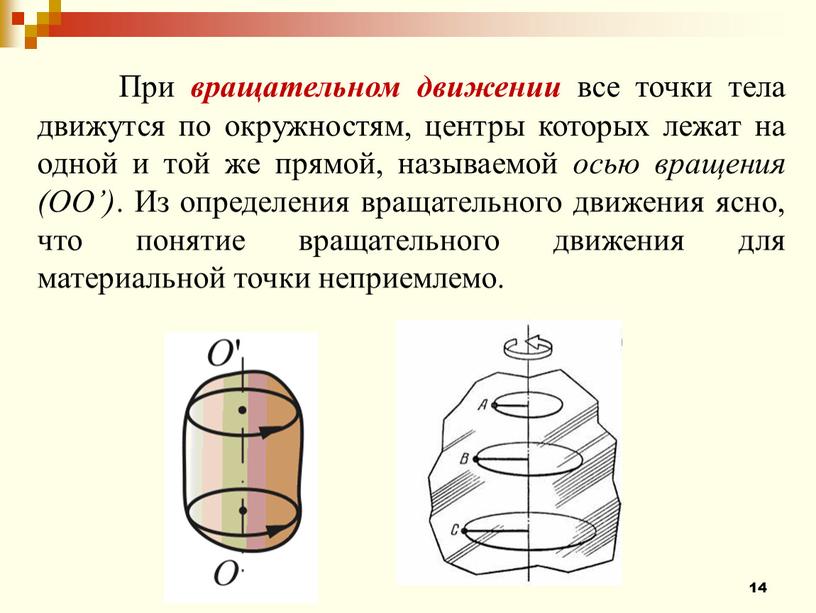 При вращательном движении все точки тела движутся по окружностям, центры которых лежат на одной и той же прямой, называемой осью вращения (ОО’)