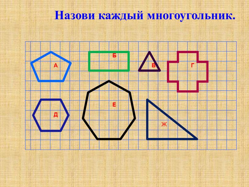 Б А В Г Е Д Ж Назови каждый многоугольник