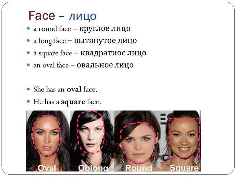 Face – лицо a round face – круглое лицо a long face – вытянутое лицо a square face – квадратное лицо an oval face –…