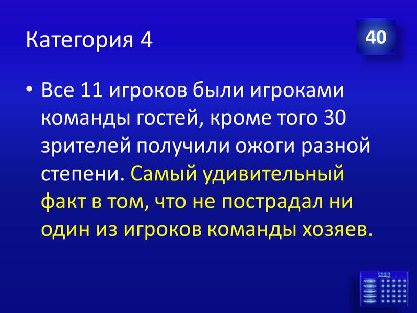 Категория 4 Все 11 игроков были игроками команды гостей, кроме того 30 зрителей получили ожоги разной степени