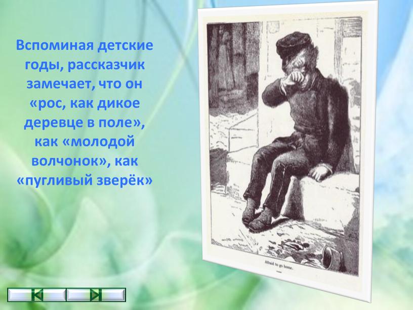 Вспоминая детские годы, рассказчик замечает, что он «рос, как дикое деревце в поле», как «молодой волчонок», как «пугливый зверёк»