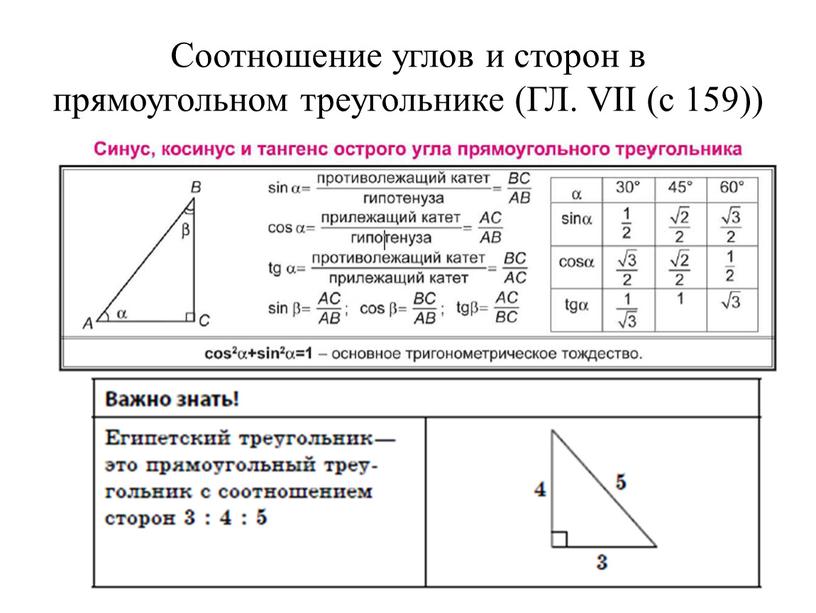 Соотношение углов и сторон в прямоугольном треугольнике (ГЛ