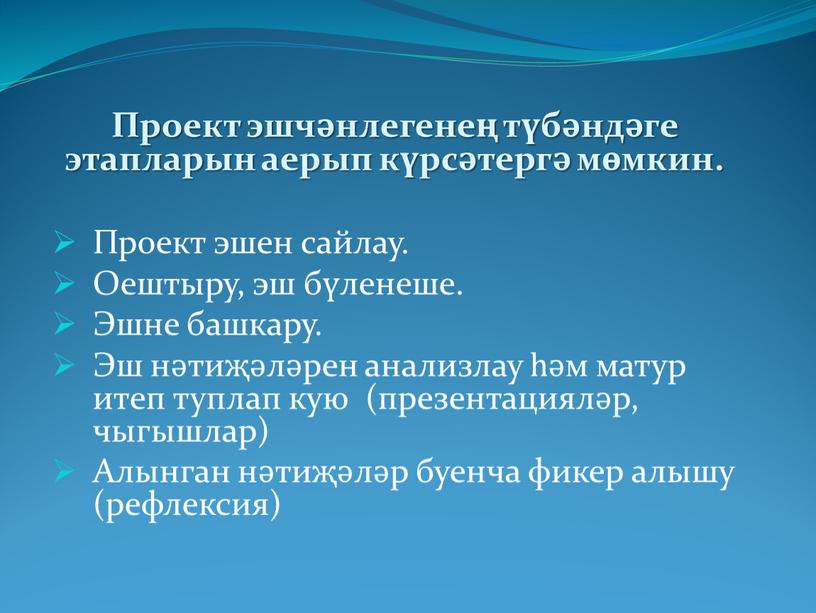 Проект эшчәнлегенең түбәндәге этапларын аерып күрсәтергә мөмкин