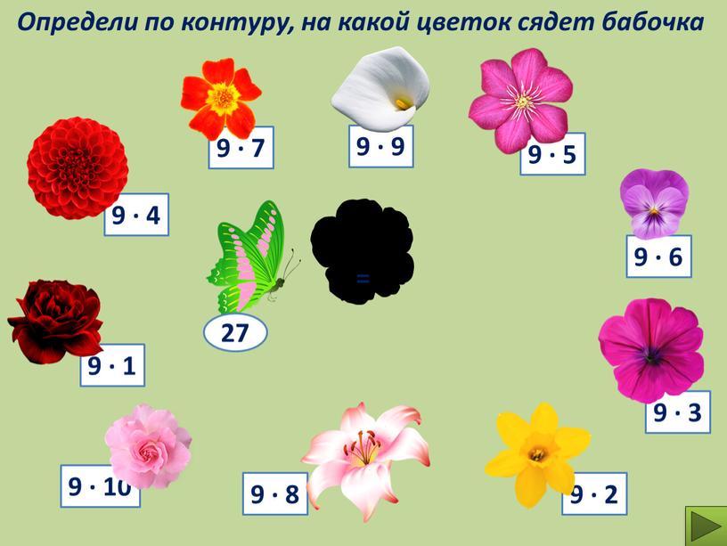 Определи по контуру, на какой цветок сядет бабочка 9 ∙ 7 9 ∙ 9 27 =
