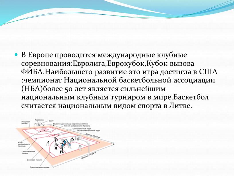 В Европе проводится международные клубные соревнования:Евролига,Еврокубок,Кубок вызова