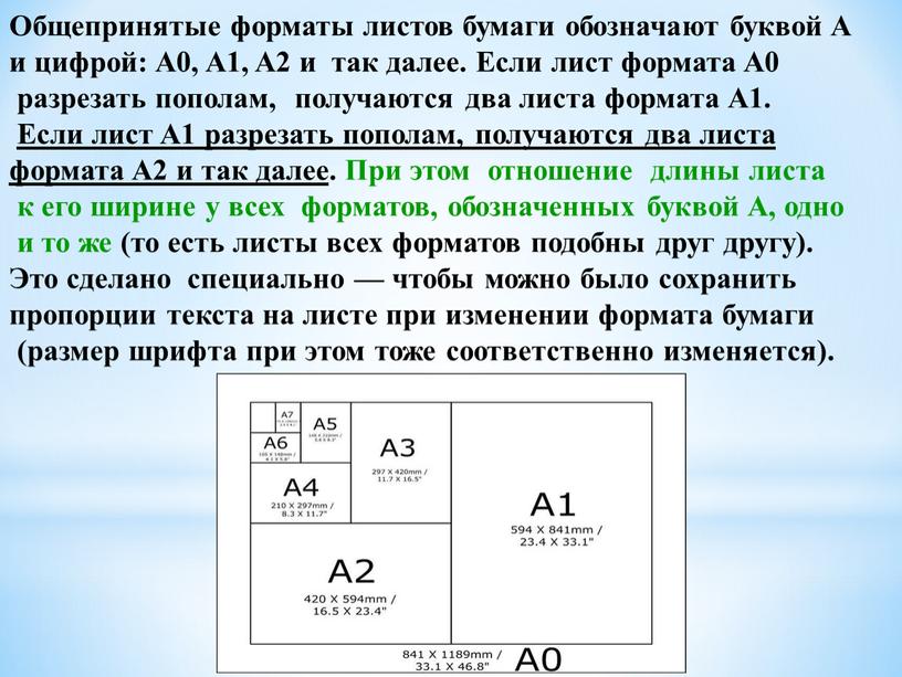 Общепринятые форматы листов бумаги обозначают буквой