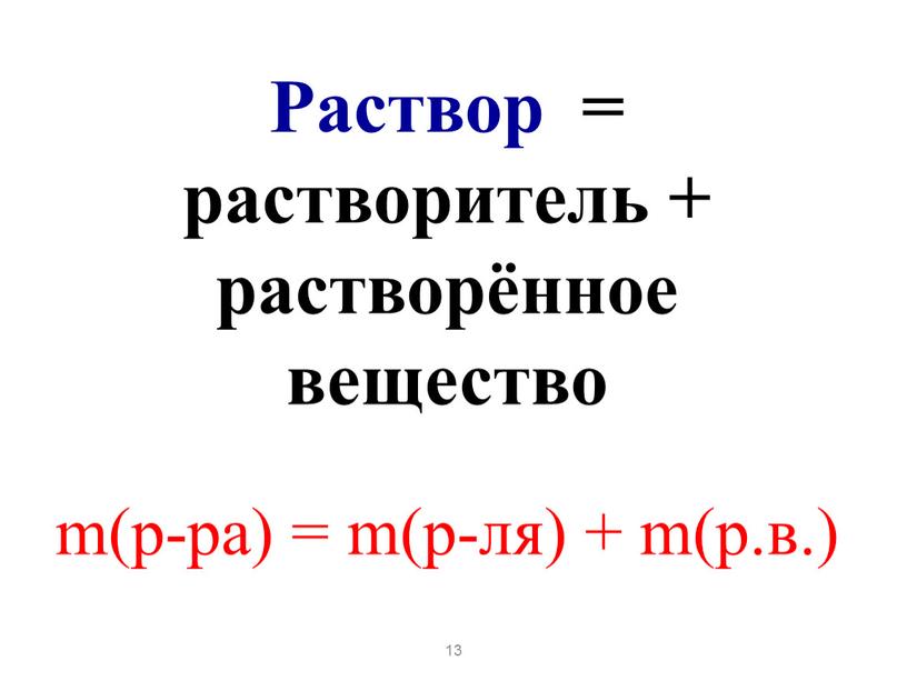 Раствор = растворитель + растворённое вещество m(р-ра) = m(р-ля) + m(р