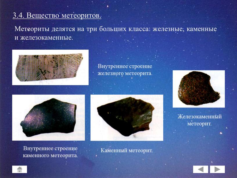 Вещество метеоритов. Метеориты делятся на три больших класса: железные, каменные и железокаменные