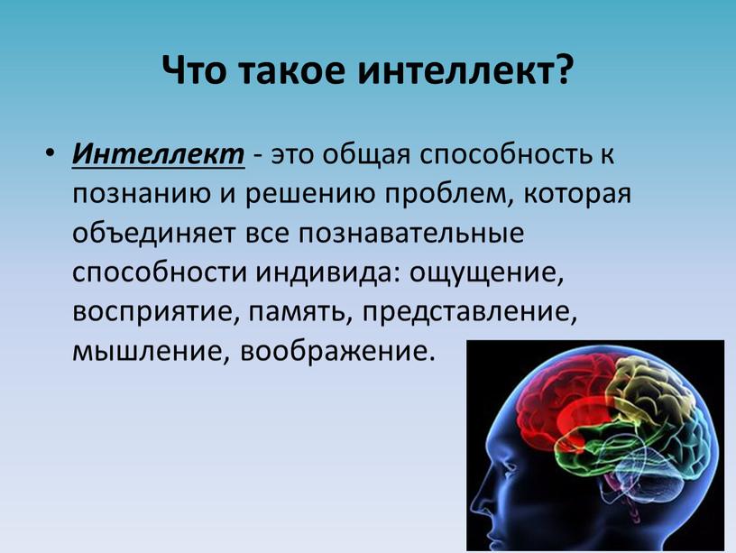 Что такое интеллект? Интеллект - это общая способность к познанию и решению проблем, которая объединяет все познавательные способности индивида: ощущение, восприятие, память, представление, мышление, воображение