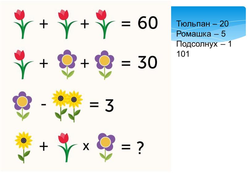 Тюльпан – 20 Ромашка – 5 Подсолнух – 1 101