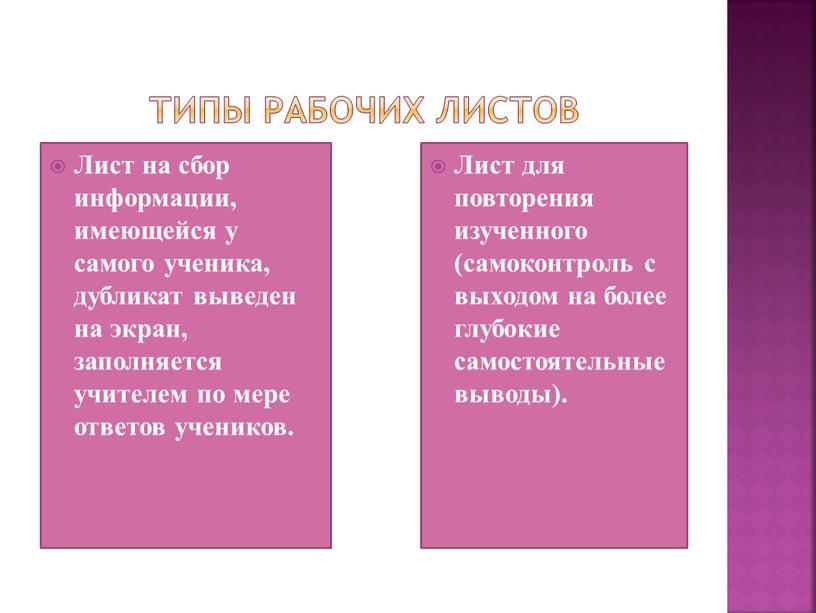 Типы рабочих листов Лист на сбор информации, имеющейся у самого ученика, дубликат выведен на экран, заполняется учителем по мере ответов учеников