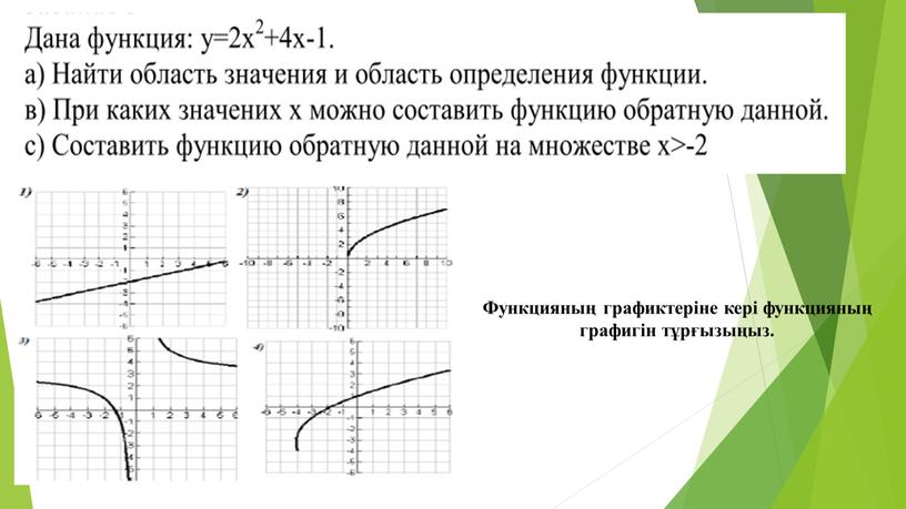 Функцияның графиктеріне кері функцияның графигін тұрғызыңыз