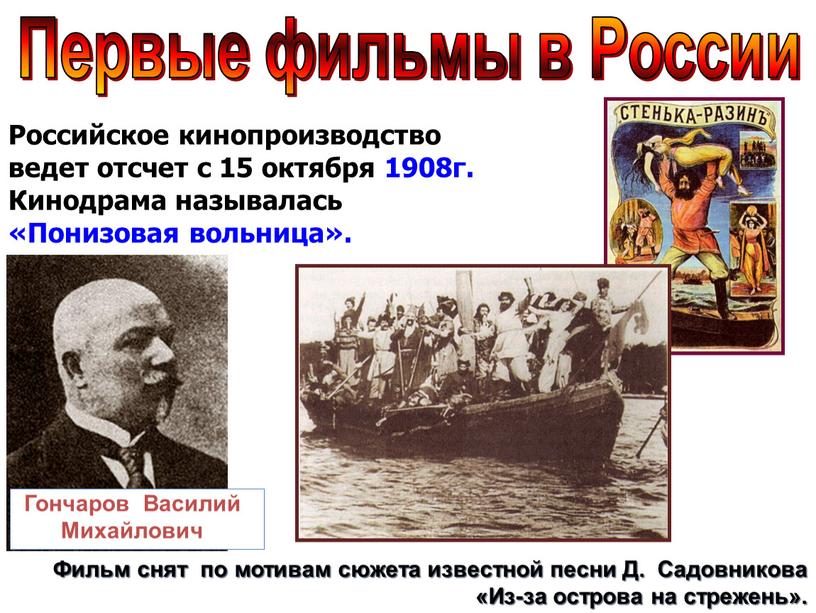 Первые фильмы в России Российское кинопроизводство ведет отсчет с 15 октября 1908г