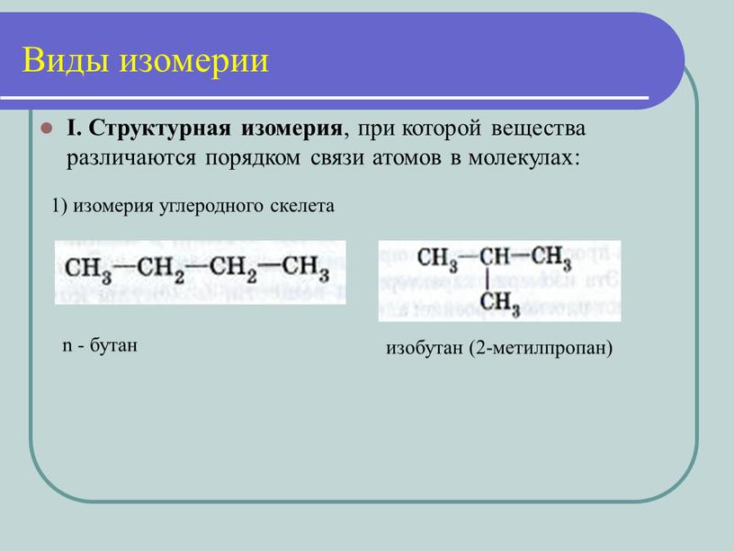 I. Структурная изомерия , при которой вещества различаются порядком связи атомов в молекулах: