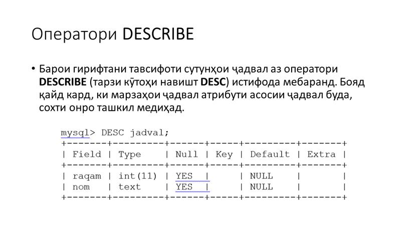 Оператори DESCRIBE Барои гирифтани тавсифоти сутунҳои ҷадвал аз оператори