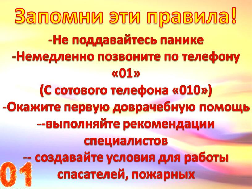 Не поддавайтесь панике Немедленно позвоните по телефону «01» (С сотового телефона «010»)