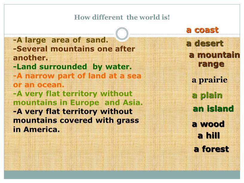 How different the world is! a prairie a coast a desert an island a plain a hill a mountain range a forest a wood -A…