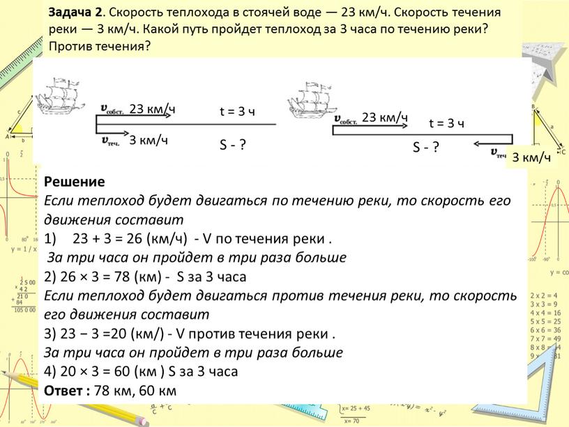 Задача 2 . Скорость теплохода в стоячей воде — 23 км/ч