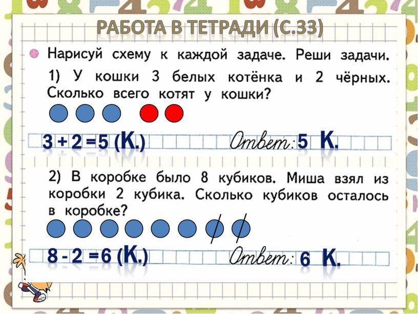 Работа в тетради (с.33) 3 + 2 = 5 ( к