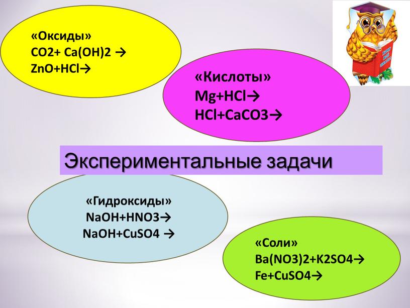 Оксиды» CO2+ Ca(OH)2 → ZnO+HCl→ «Кислоты»