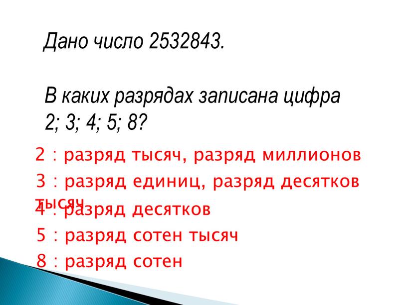 Дано число 2532843. В каких разрядах записана цифра 2; 3; 4; 5; 8? 2 : разряд тысяч, разряд миллионов 3 : разряд единиц, разряд десятков…