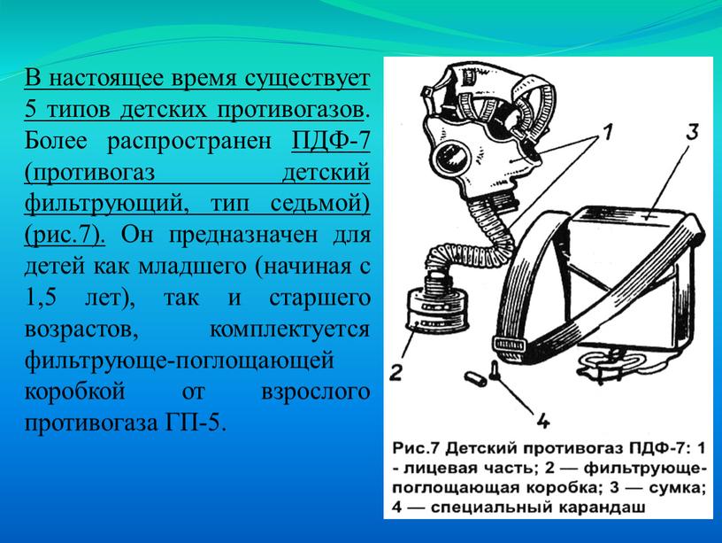 В настоящее время существует 5 типов детских противогазов